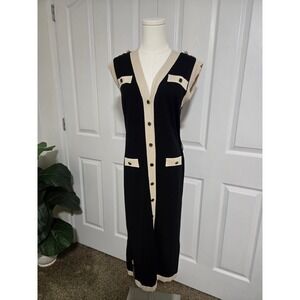 FORE Knit Dress Women Medium Black Cream Button Front Colorblock Midi V-Neck